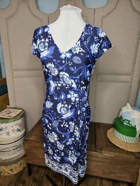 Talbots Blue Floral Sheath Dress Side Tie